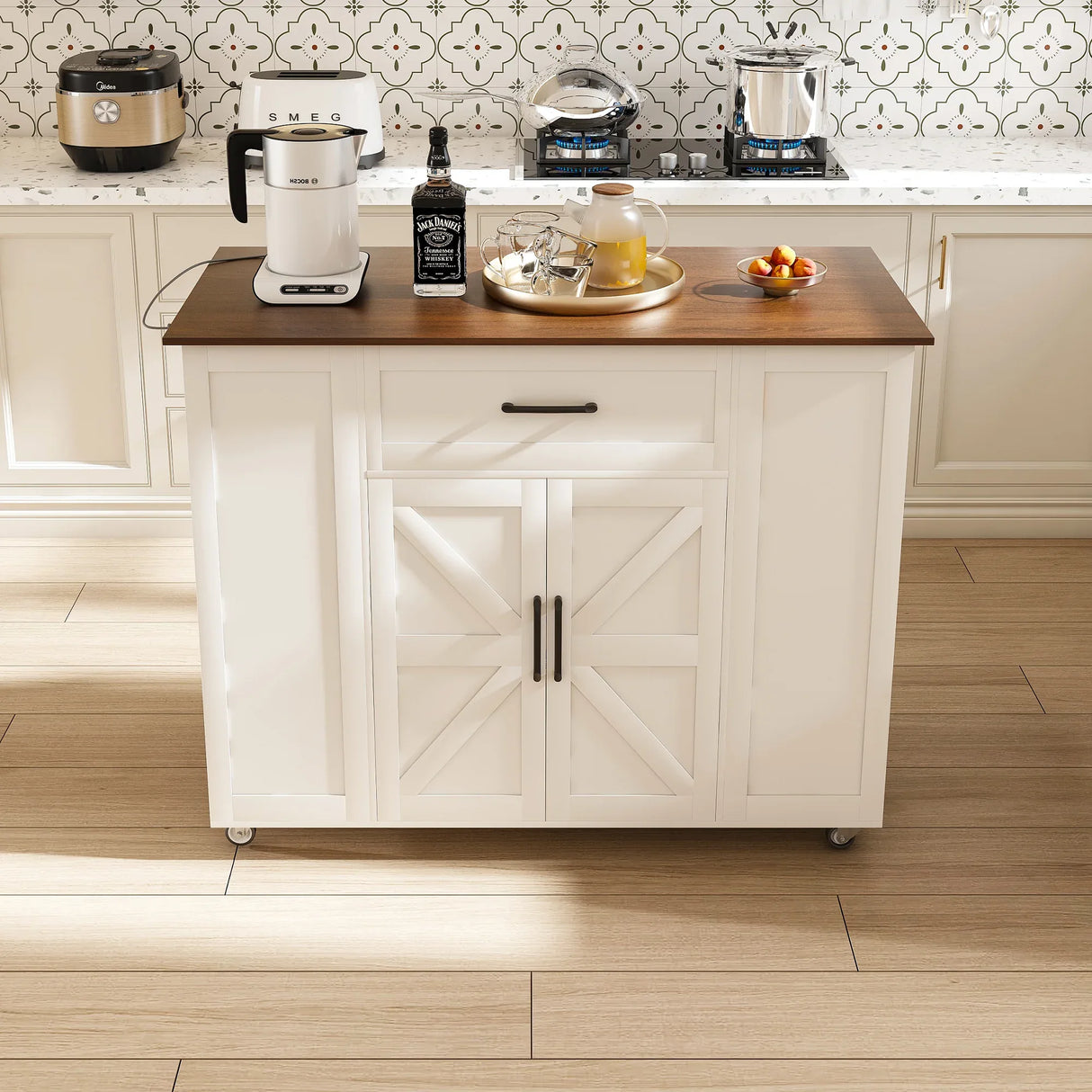 Rustic Mobile Kitchen Island With Storage And Power Outlet - Omega Lifestyles