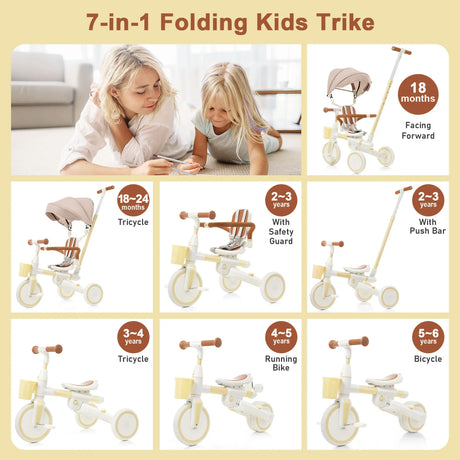 7-in-1 Multifunctional Aluminum Toddler Tricycle With Canopy - Omega Lifestyles