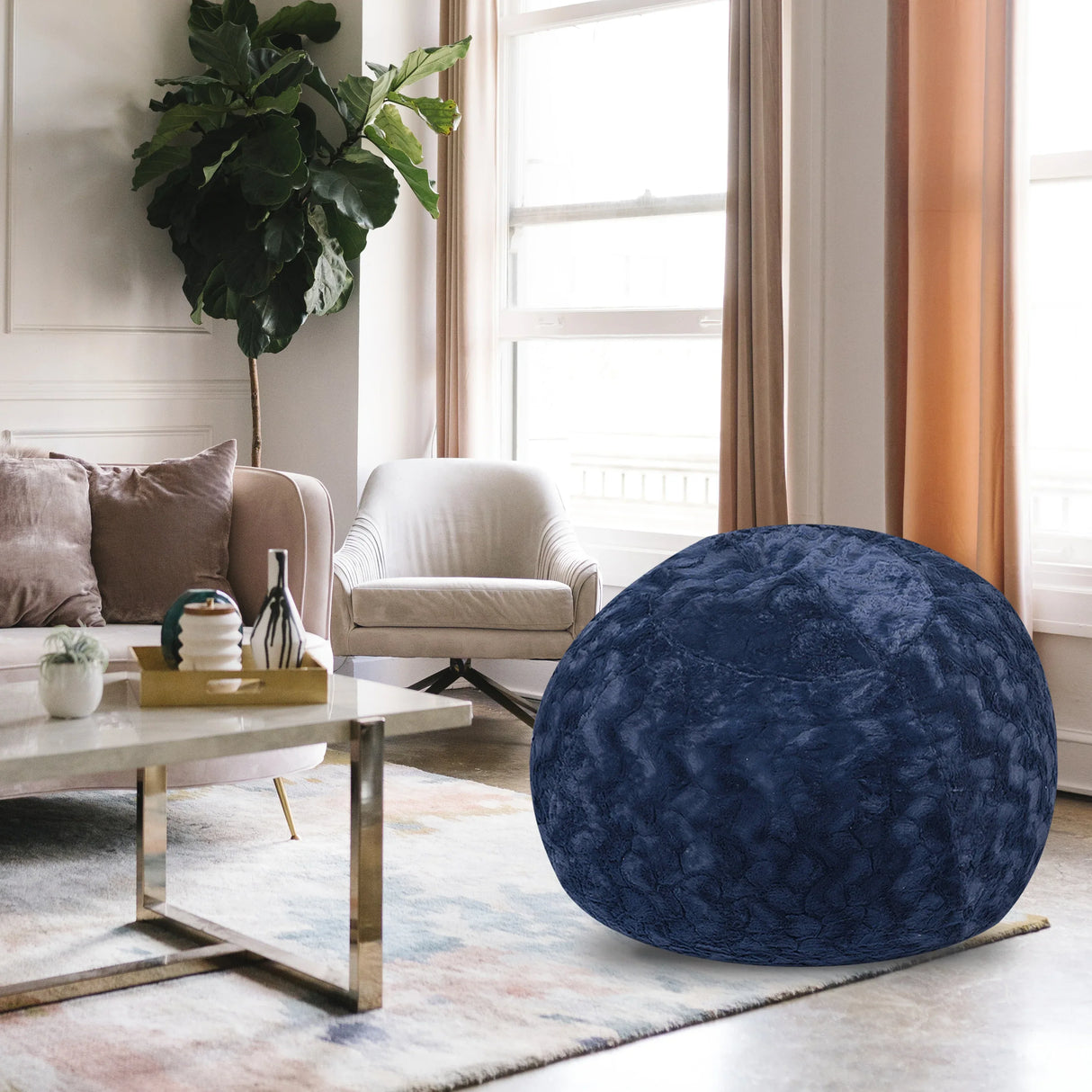 Navy Faux Fur Shredded Memory Foam Bean Bag Chair - Omega Lifestyles