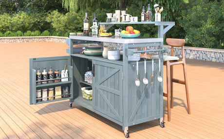 Outdoor Rolling Grill Cart With Raised Shelf Storage - Omega Lifestyles