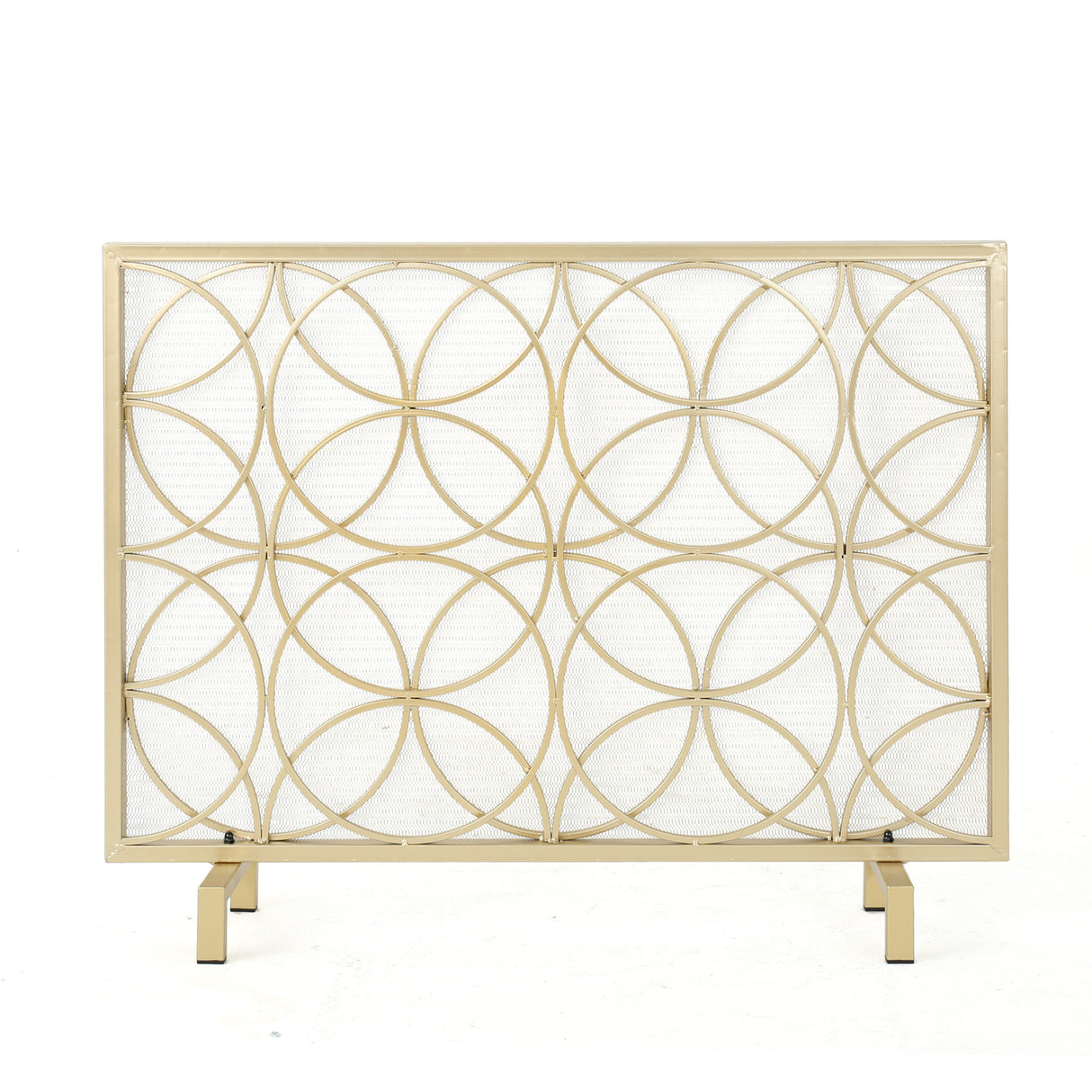 Single Panel Gold Iron Fireplace Screen With Geometric Design