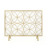 Single Panel Gold Iron Fireplace Screen With Geometric Design