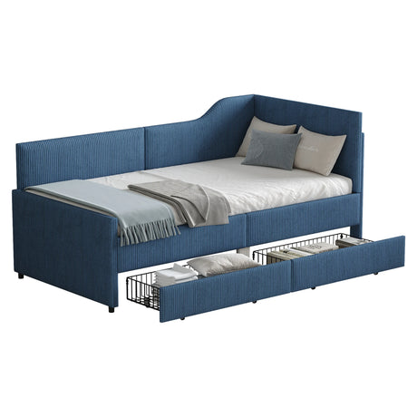 Twin L-Shaped Upholstered Corduroy Daybed With Drawers - Omega Lifestyles