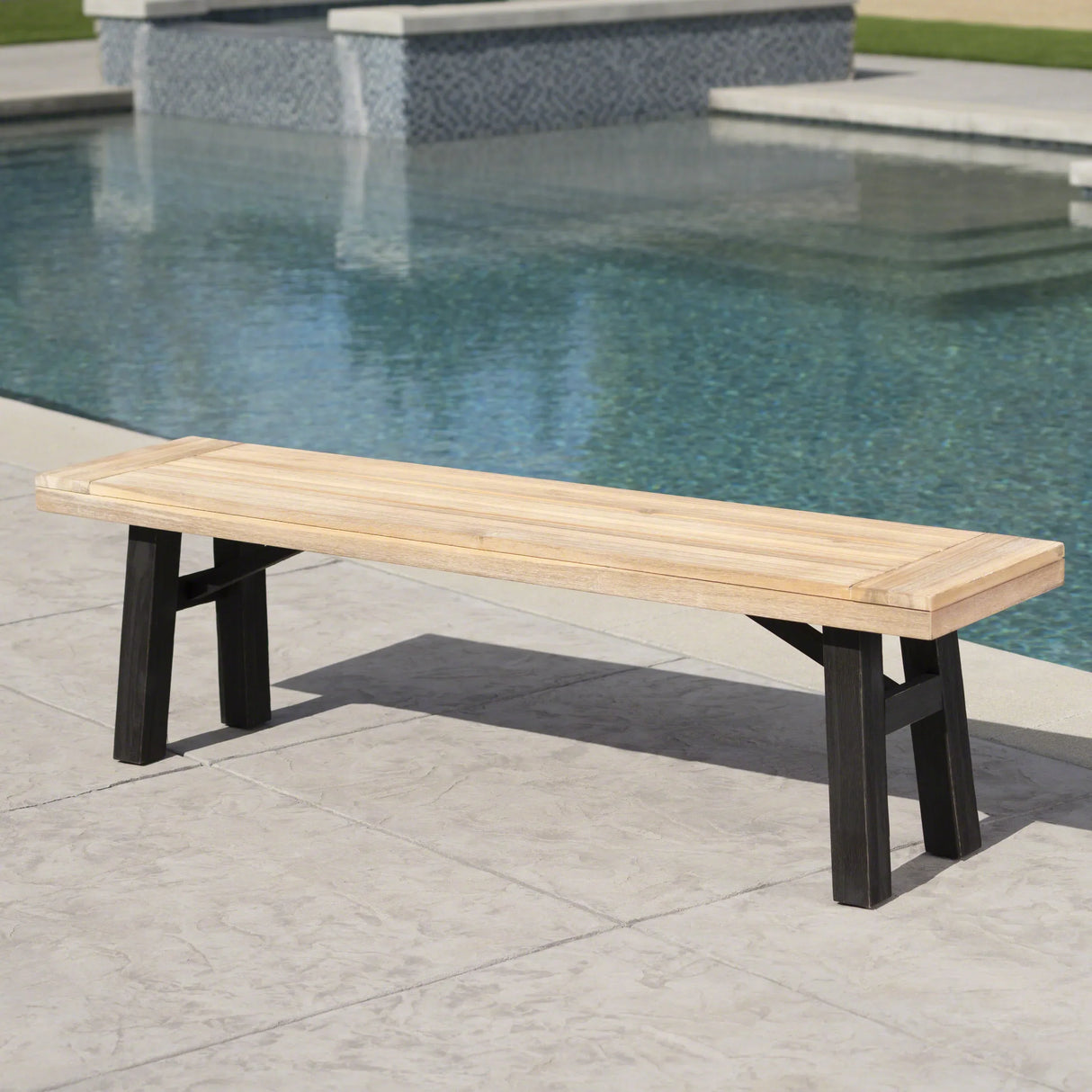 Rustic Acacia Wood Slat Panel Outdoor Bench - Omega Lifestyles