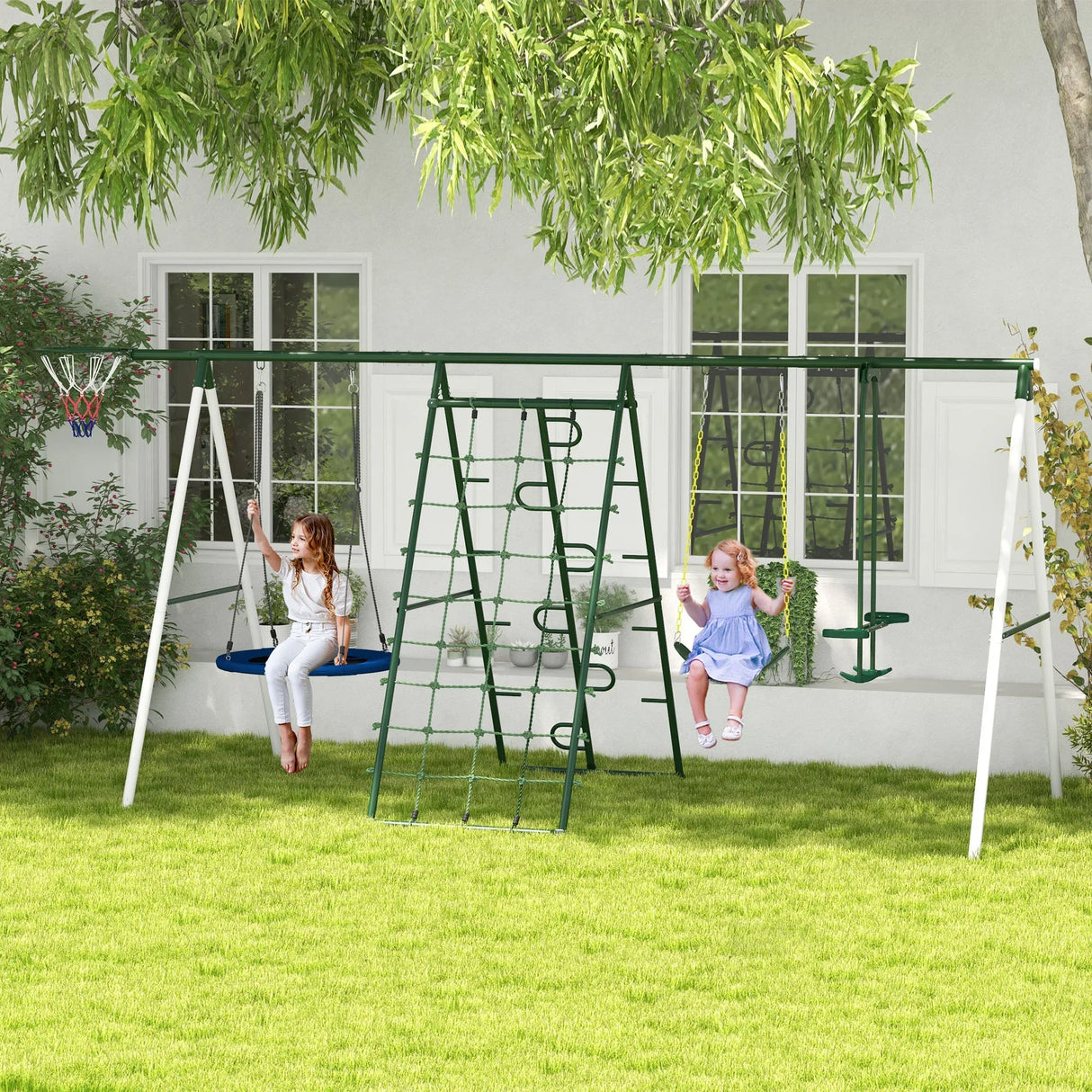 Heavy-Duty Steel Kids Outdoor Swing Set With Slide - Omega Lifestyles