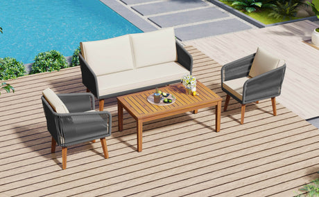 4-Piece Mid-Century Modern Woven Rope Patio Furniture Set - Omega Lifestyles