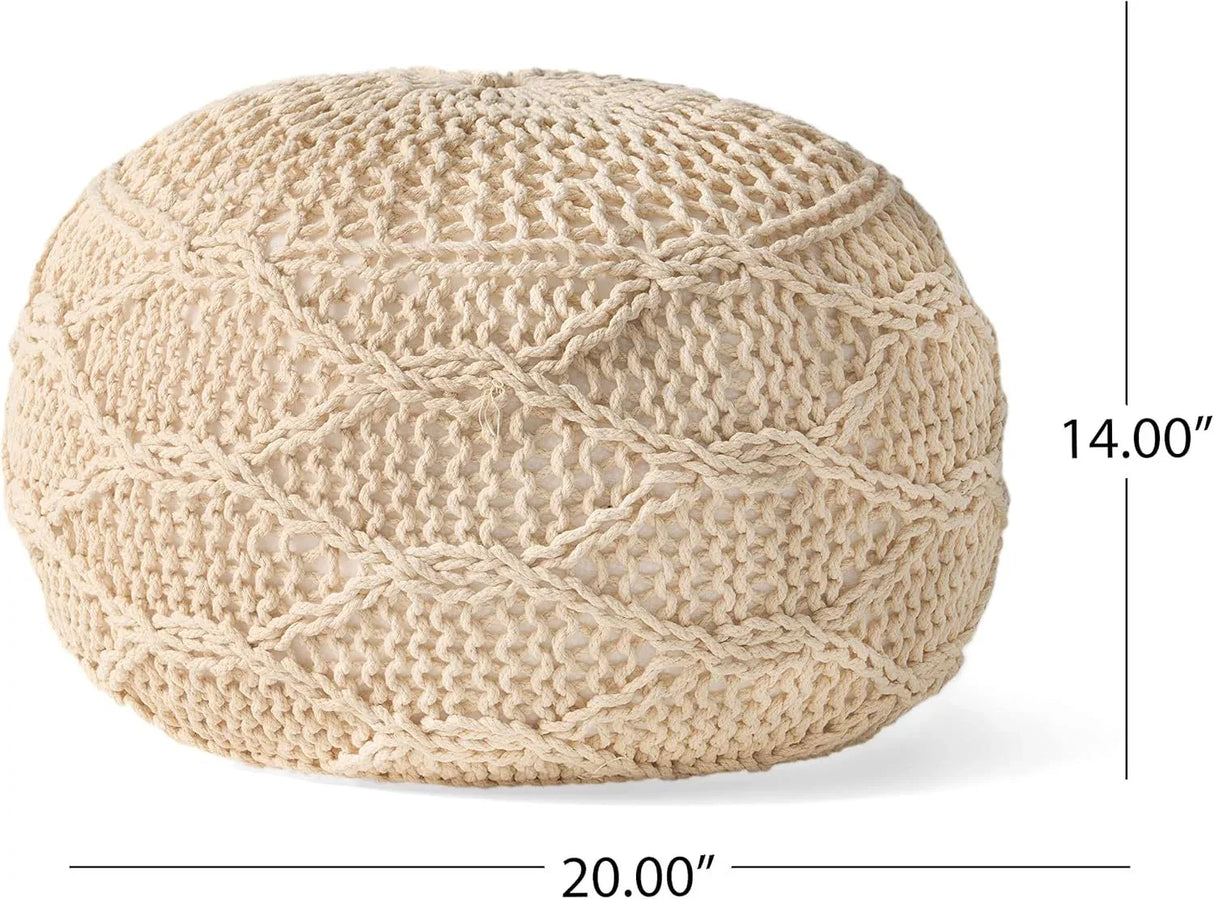 Ivory Cotton Knitted Round Pouf Seating Accent - Omega Lifestyles