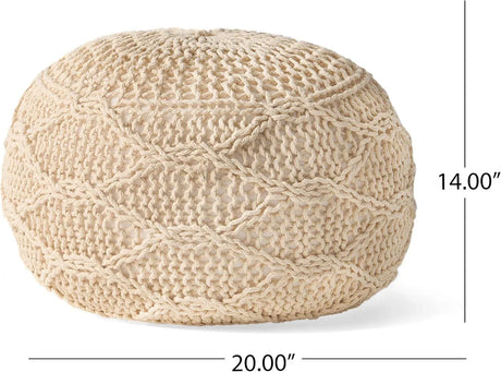 Ivory Cotton Knitted Round Pouf Seating Accent - Omega Lifestyles