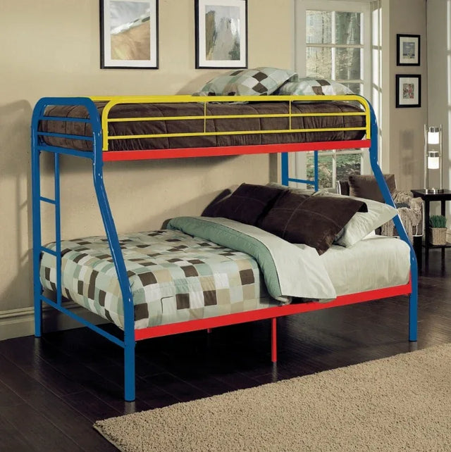 Twin Full Multi-Color Metal Tube Bunk Bed With Guardrails - Omega Lifestyles