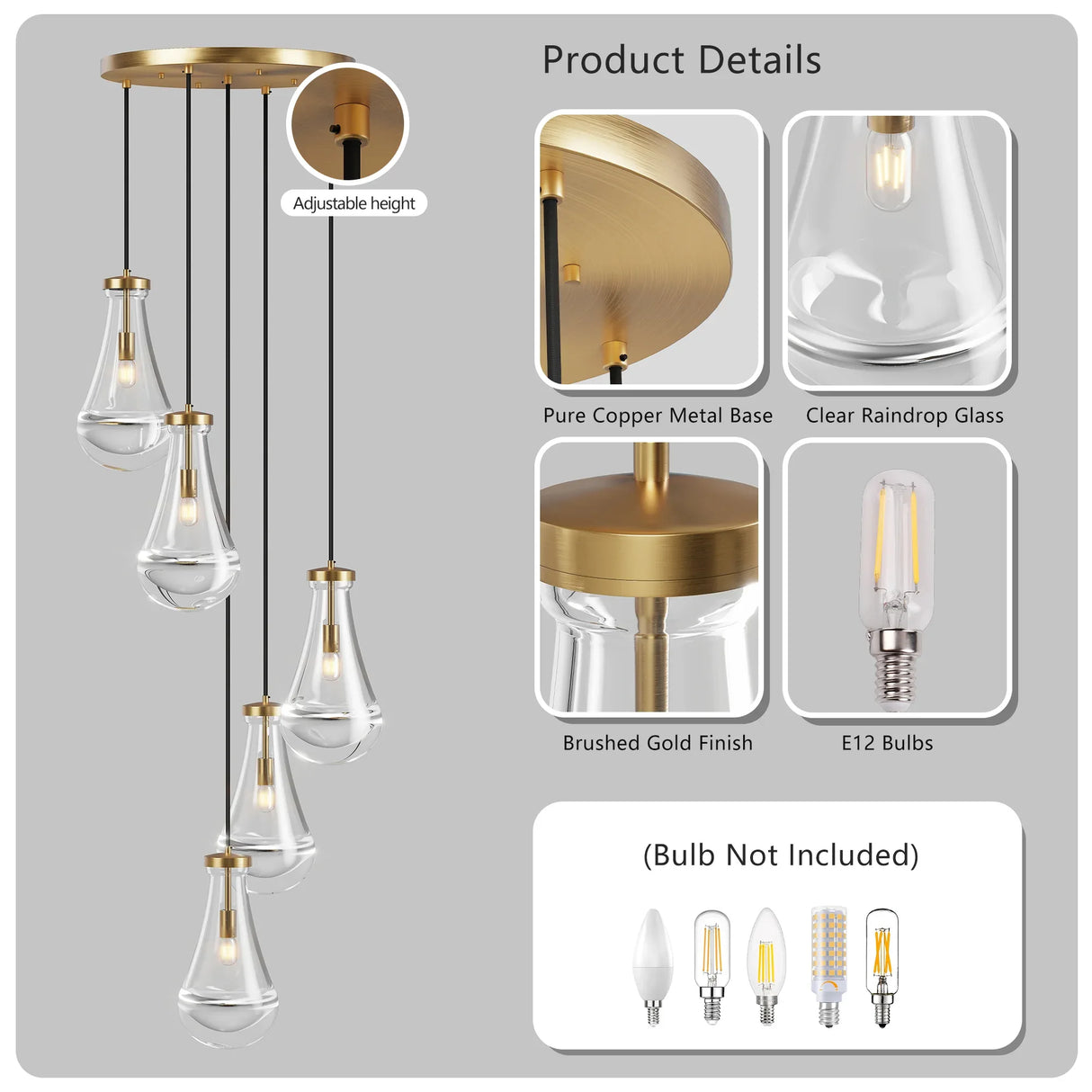 5-Light Brass Raindrop Glass Adjustable Pendant Chandelier - Omega Lifestyles