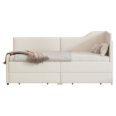Twin L-Shaped Corduroy Upholstered Daybed With Storage Drawers - Omega Lifestyles