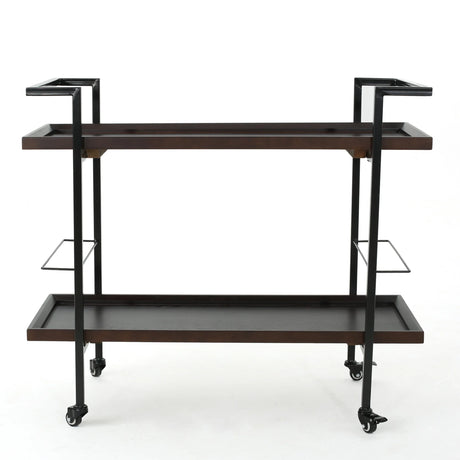 Modern Industrial Walnut Wood Rolling Bar Cart - Omega Lifestyles