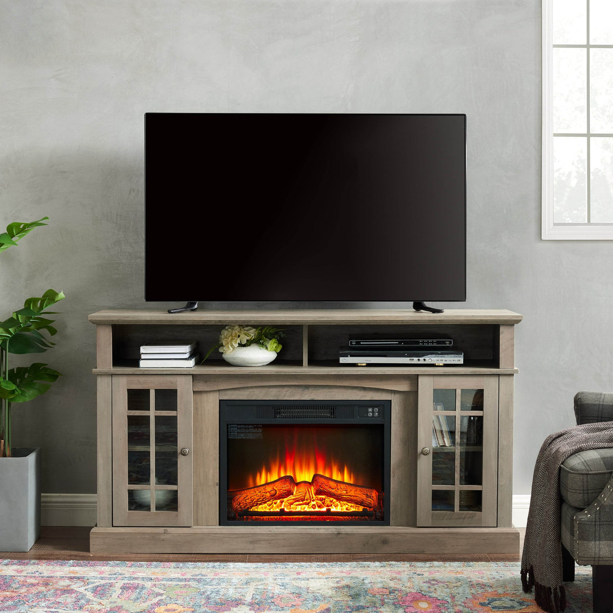 American Traditional Gray Wash Fireplace TV Stand Console - Sleep Galleria