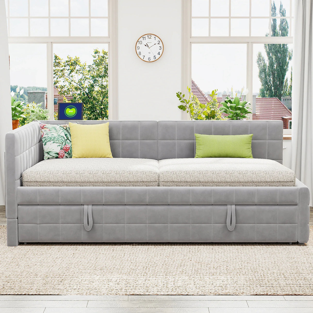 Full Upholstered L-Shaped Daybed With Twin Trundle USB Ports - Omega Lifestyles