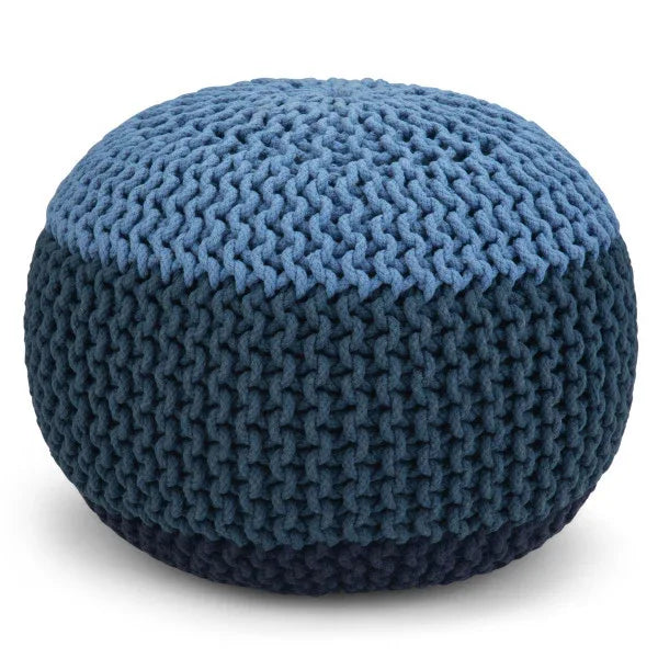 Hand Knit Round Blue Fabric Pouf Accent Stool - Omega Lifestyles