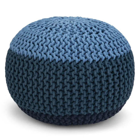Hand Knit Round Blue Fabric Pouf Accent Stool - Omega Lifestyles