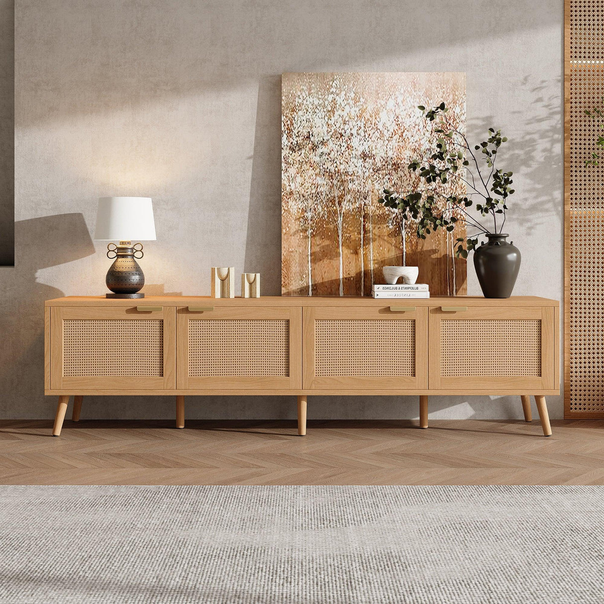 70-Inch Modern Natural Wood TV Stand With Rattan Doors - Omega Lifestyles