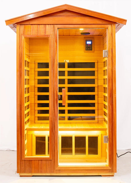 Two Person Far Infrared Khaya Wood Outdoor Sauna Room - Omega Lifestyles