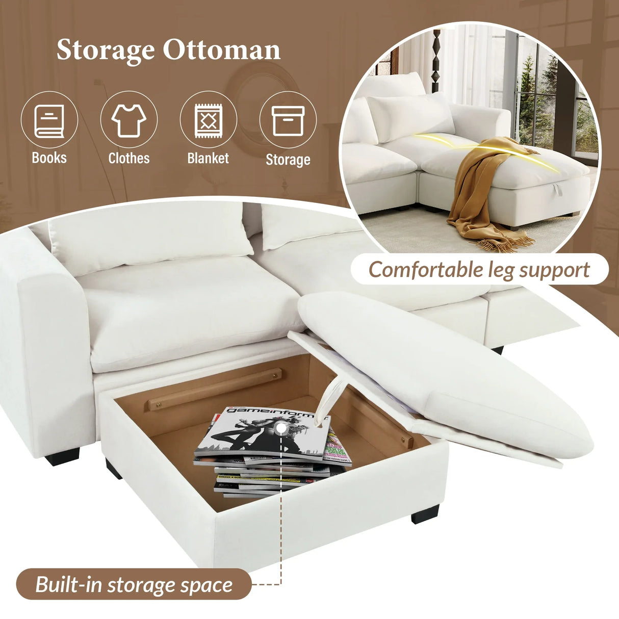 U-Shaped Modular 6-Seat Linen Blend Sofa With Ottomans - Omega Lifestyles