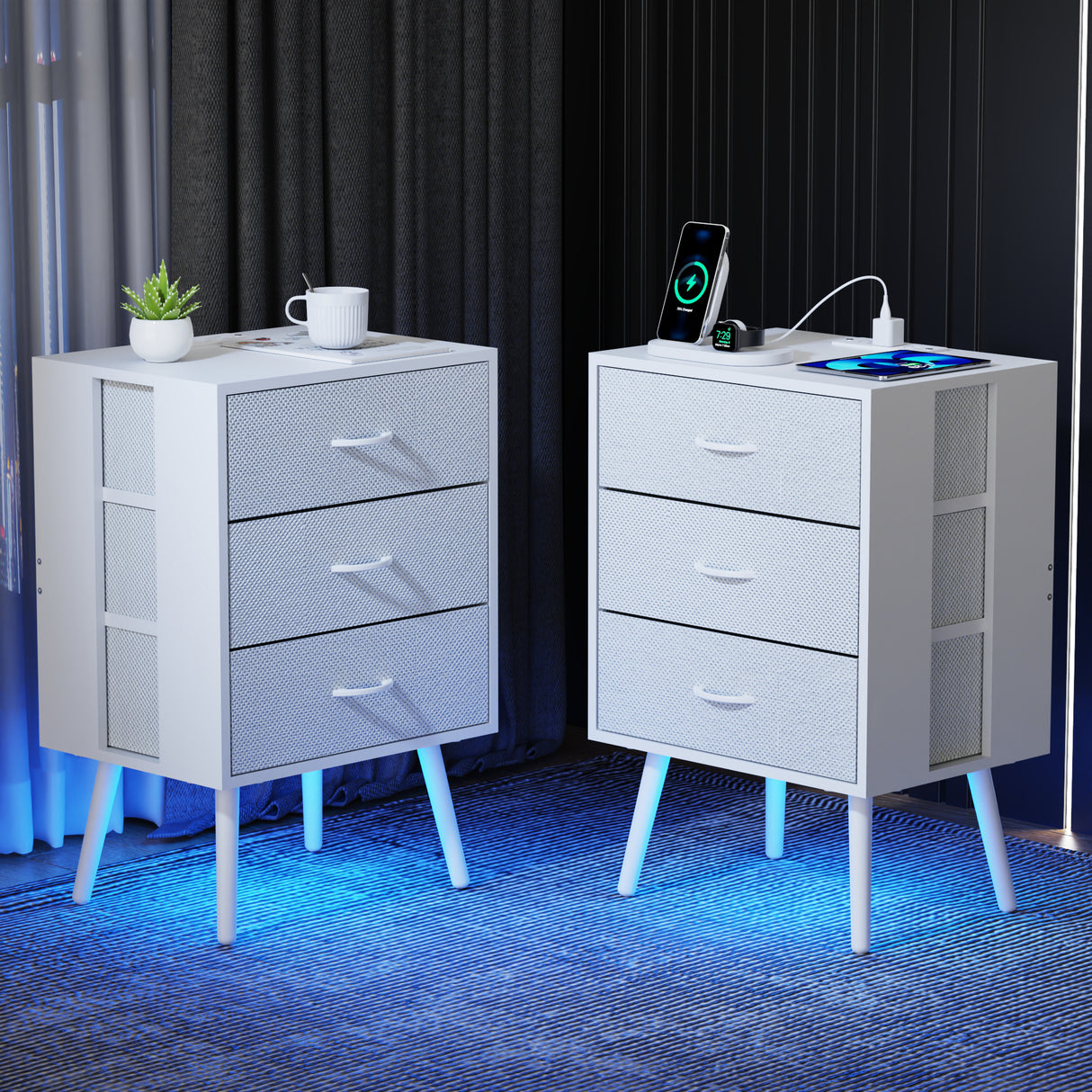 2-Piece Modern Nightstand With Charging Station And LED Lighting