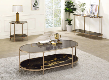 Black Marble Glass Top Metal Coffee Table With Shelf - Omega Lifestyles