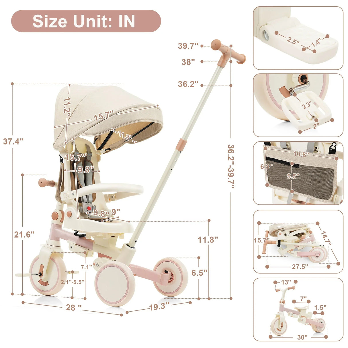 7-In-1 Foldable Aluminum Alloy Baby Tricycle With Canopy - Omega Lifestyles