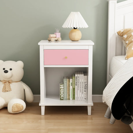 Pink MDF Wooden Nightstand With Drawer And Shelf - Omega Lifestyles