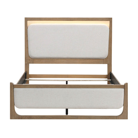 Contemporary Light Brown Wood Upholstered LED Bed Frame - Omega Lifestyles