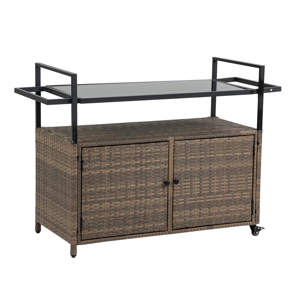 Outdoor Wicker Bar Cart With Glass Top And Wheels - Omega Lifestyles
