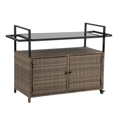 Outdoor Wicker Bar Cart With Glass Top And Wheels - Omega Lifestyles
