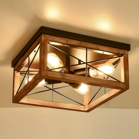 Farmhouse 4-Light Wood Metal Flush Mount Lighting - Omega Lifestyles
