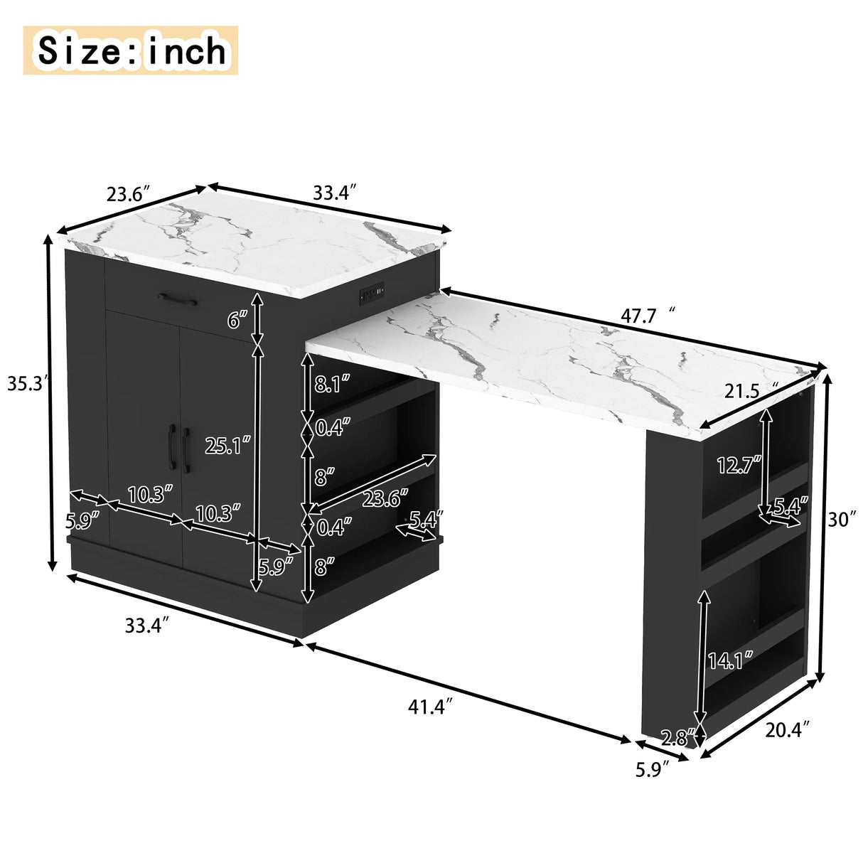Extendable Black Kitchen Island With Storage Cabinet - Omega Lifestyles