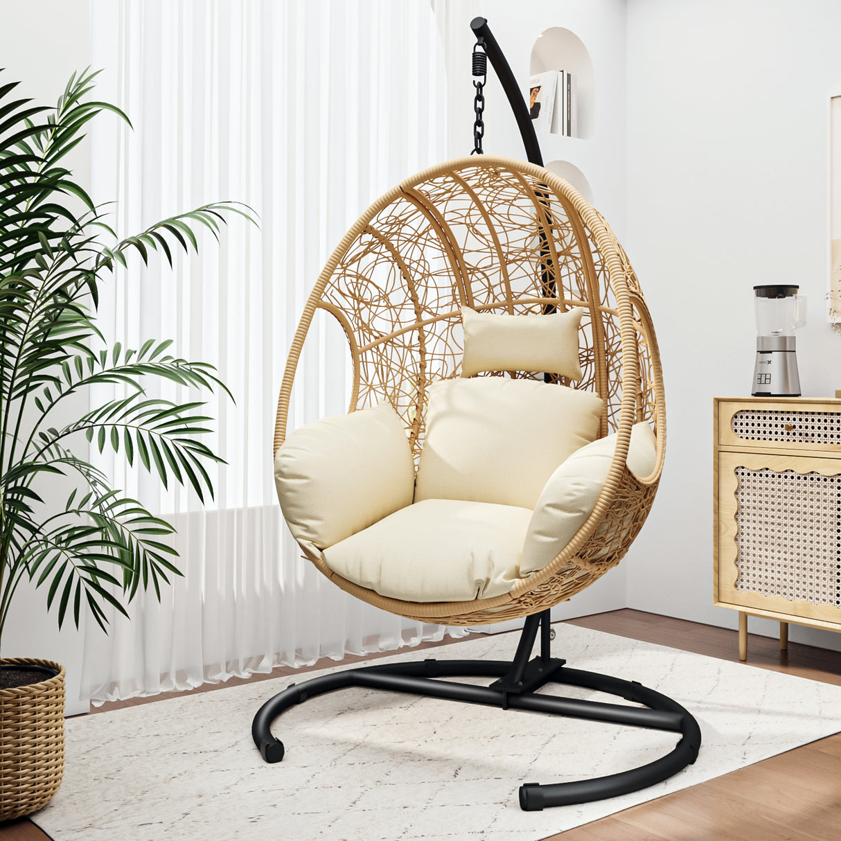 Natural Color Outdoor Indoor Wicker Hanging Egg Chair With Cushion