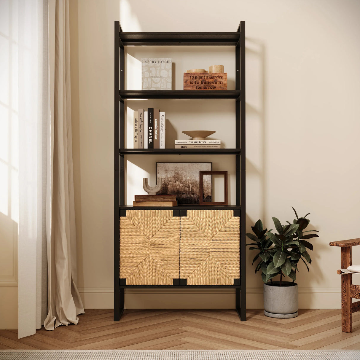 Natural Rattan Storage Cabinet Bookshelf With Doors - Omega Lifestyles