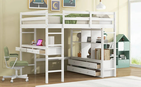 Full White Pine Full Loft Bed With Built-In Desk - Omega Lifestyles
