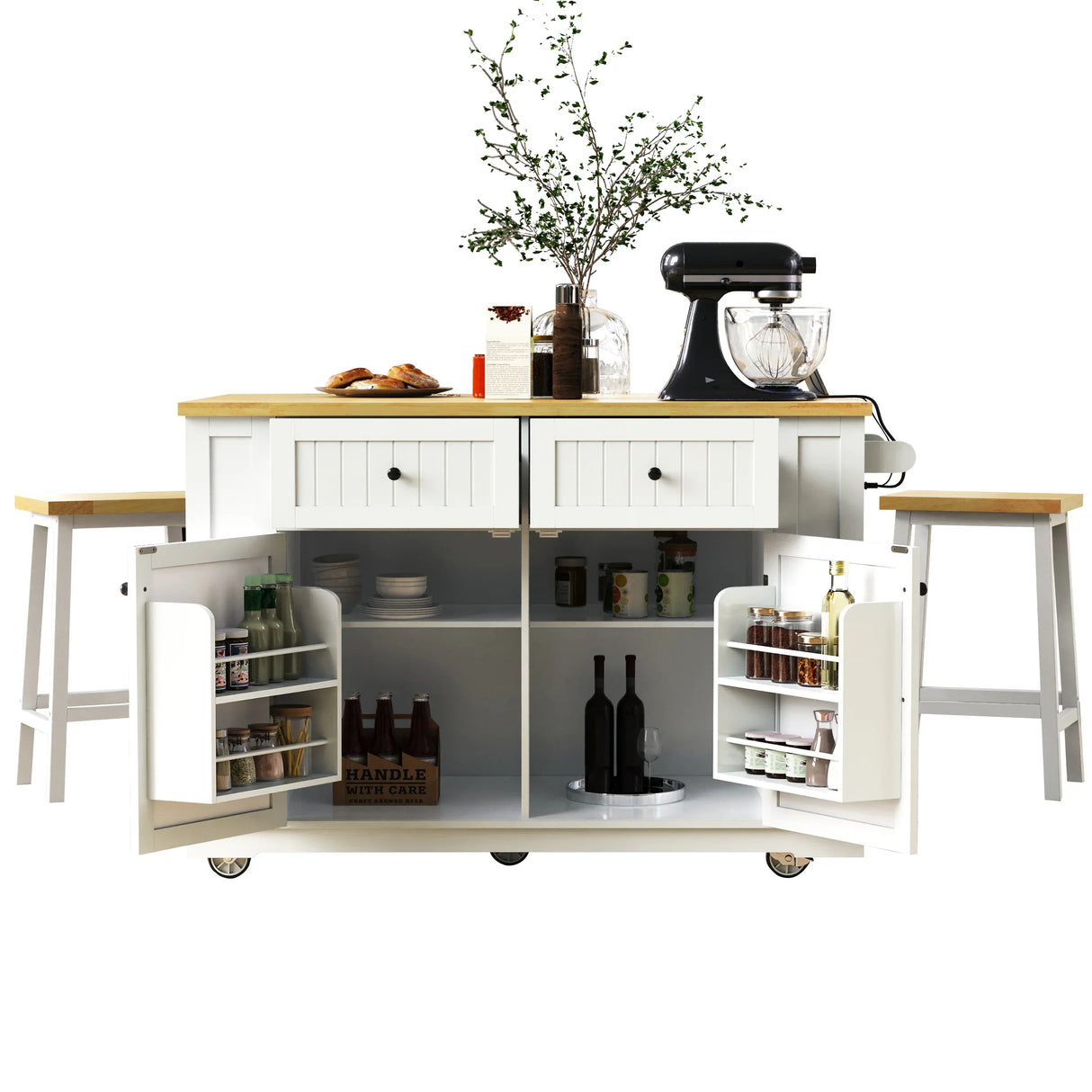 48-Inch Classic Kitchen Island With 2 Bar Stools and Power Outlet - Omega Lifestyles