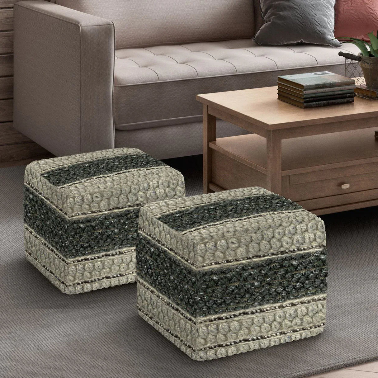 Handwoven Square Fabric Pouf With Supportive Filling - Omega Lifestyles