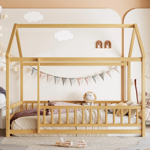 Twin Natural Pine Wood House Frame Floor Bed - Omega Lifestyles