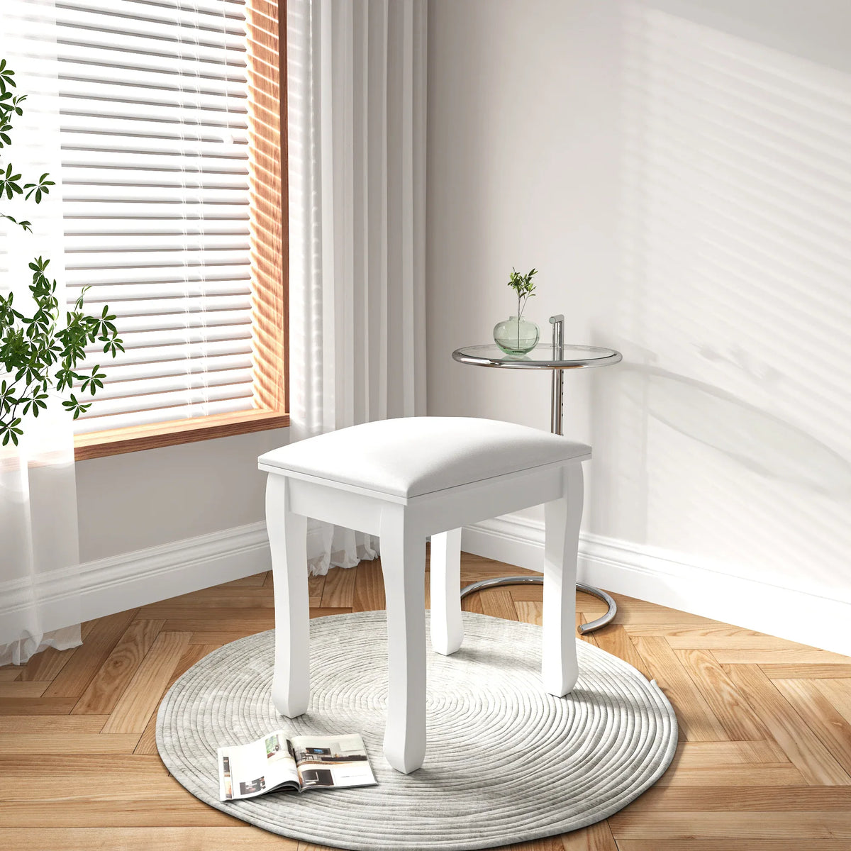 White Solid Wood Vanity Stool With Cushioned Seat - Omega Lifestyles