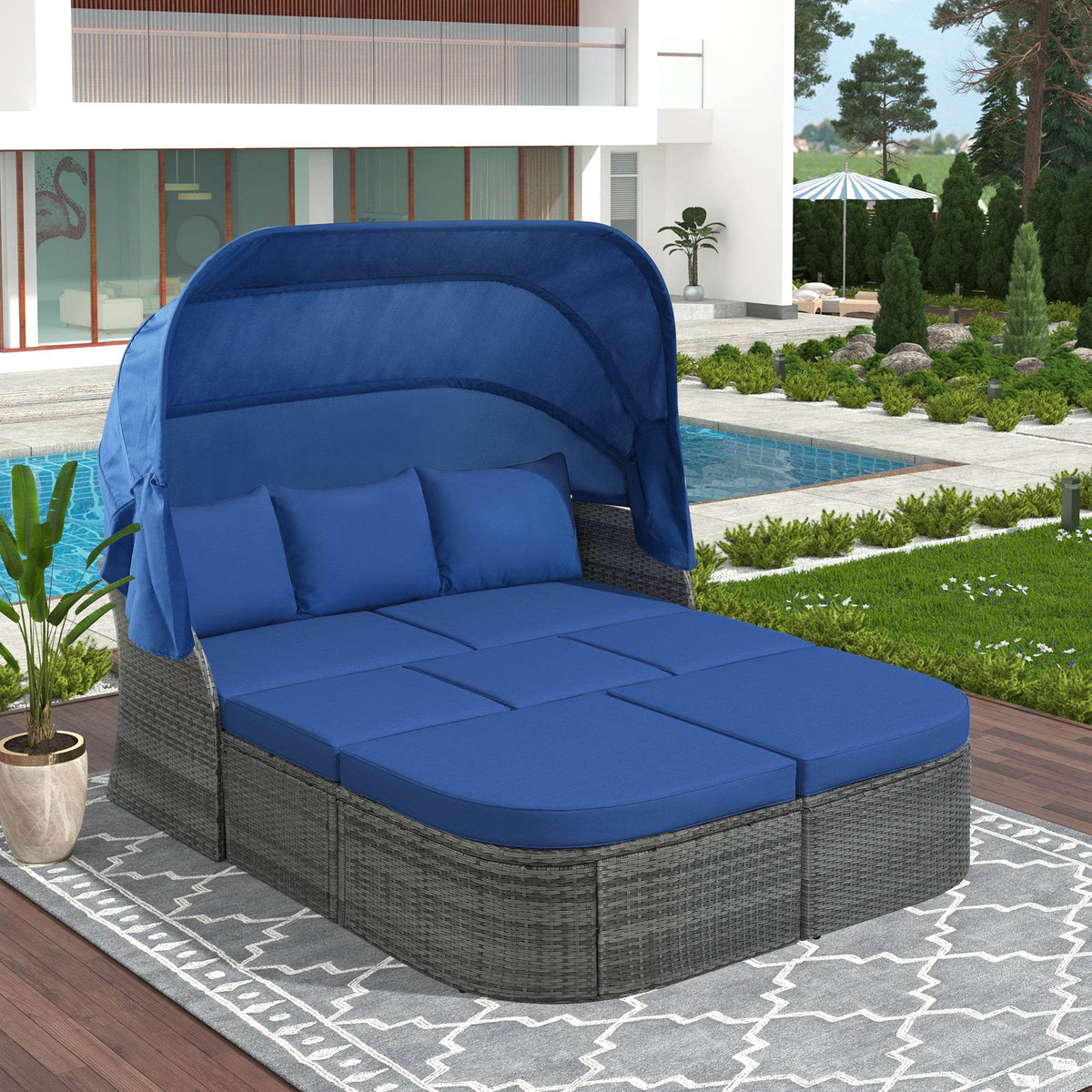 Outdoor Blue Rattan Patio Furniture Sunbed Set