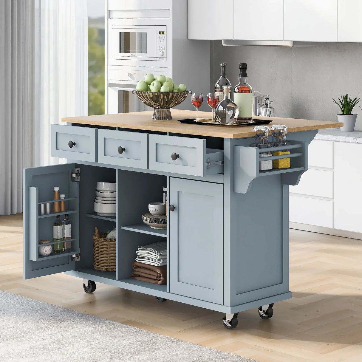 Kitchen Cart With Rubber Wood Drop-Leaf Countertop Storage Island - Omega Lifestyles