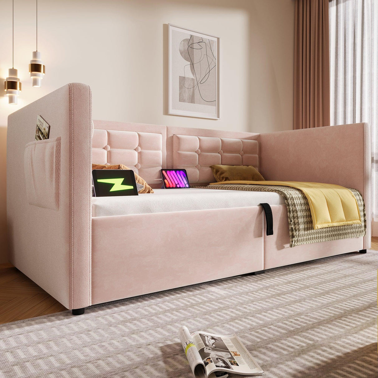 Twin Pink Velvet Upholstered Hydraulic Storage Bed Frame - Omega Lifestyles