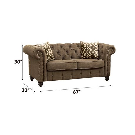 Brown Linen Tufted Loveseat With 2 Pillows - Omega Lifestyles