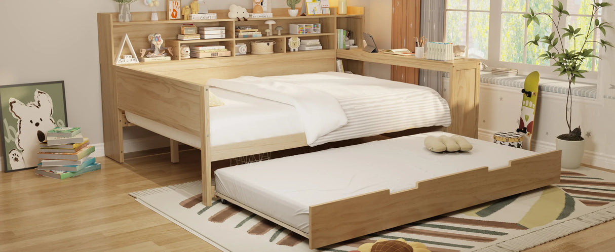 Full Wooden Bed Frame With Trundle Storage And Study Desk - Omega Lifestyles