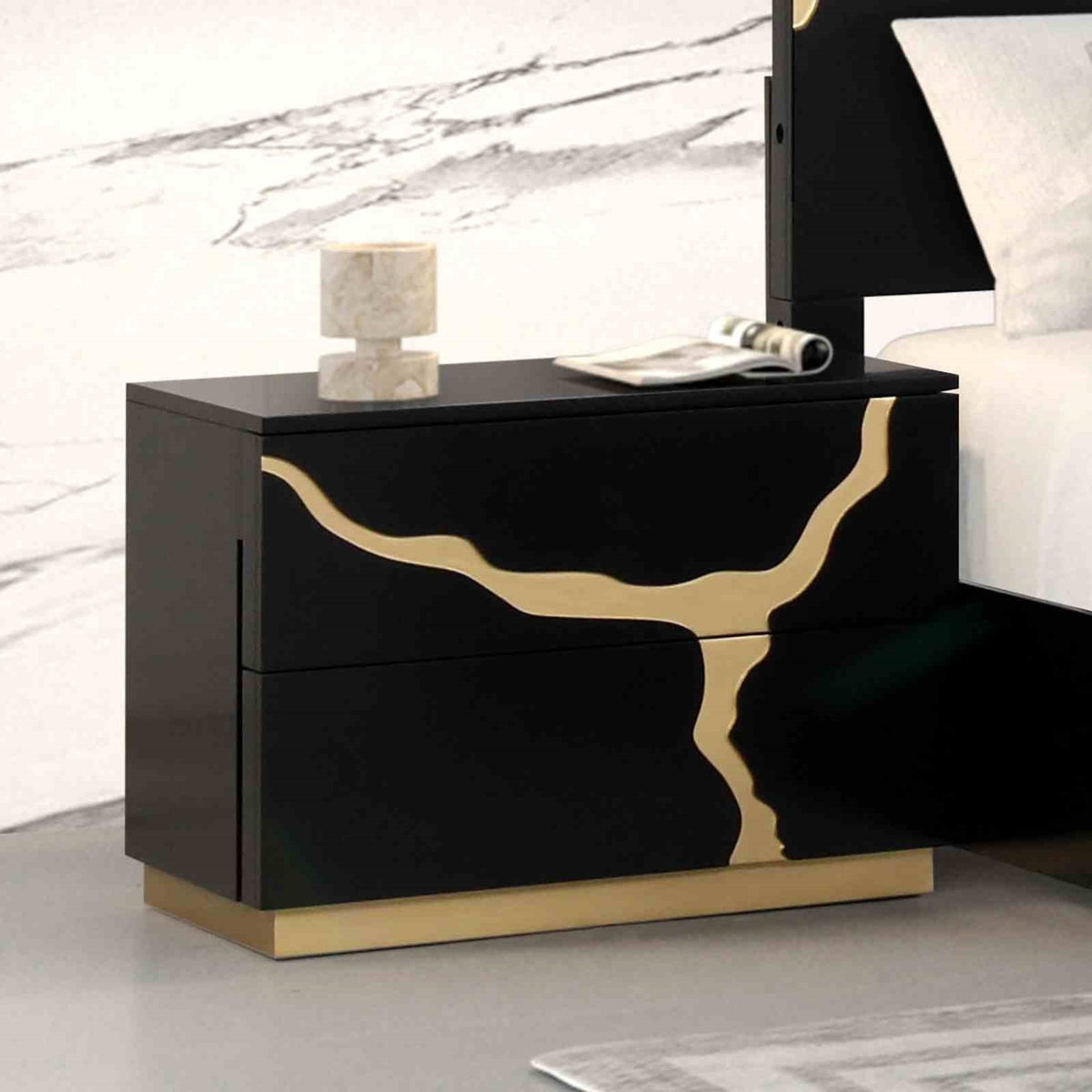 Contemporary Black Gold Engineered Wood Nightstand With Drawers