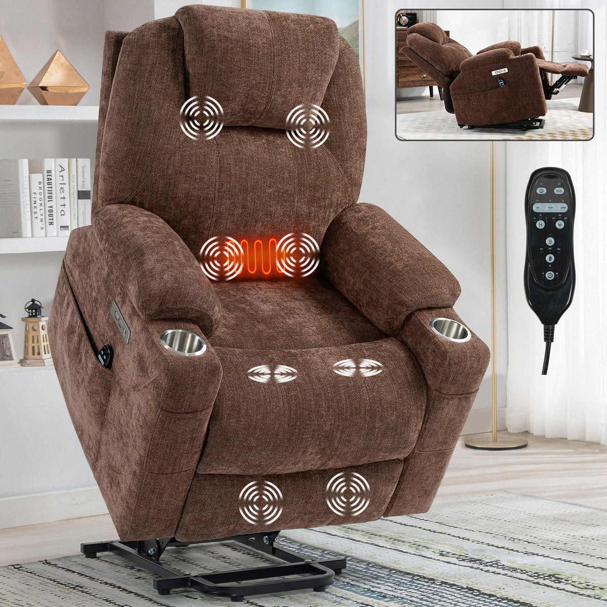 Chenille Power Lift Recliner Chair With Massage Lumbar Heat - Omega Lifestyles