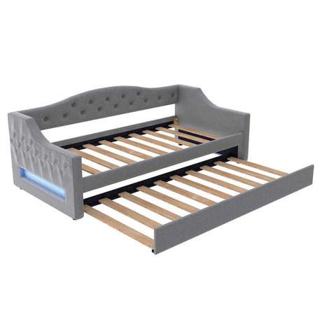 Twin XL Linen Upholstered Daybed With LED Lighting And Trundle - Omega Lifestyles