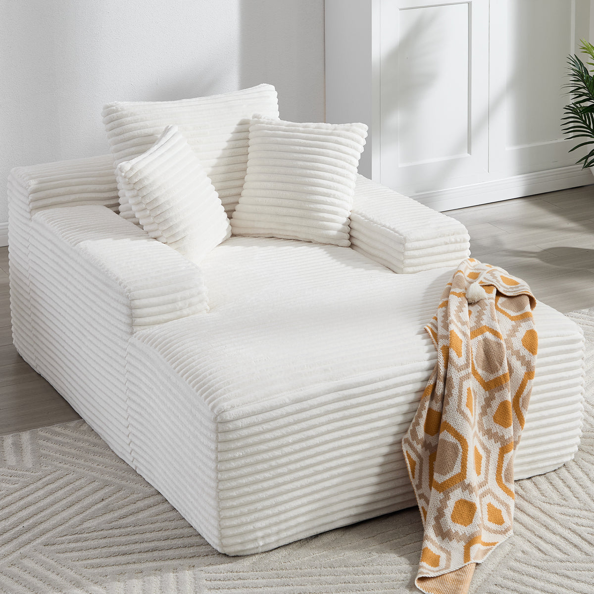 Oversized White Velvet Corduroy Chaise Lounge Sleeper Sofa