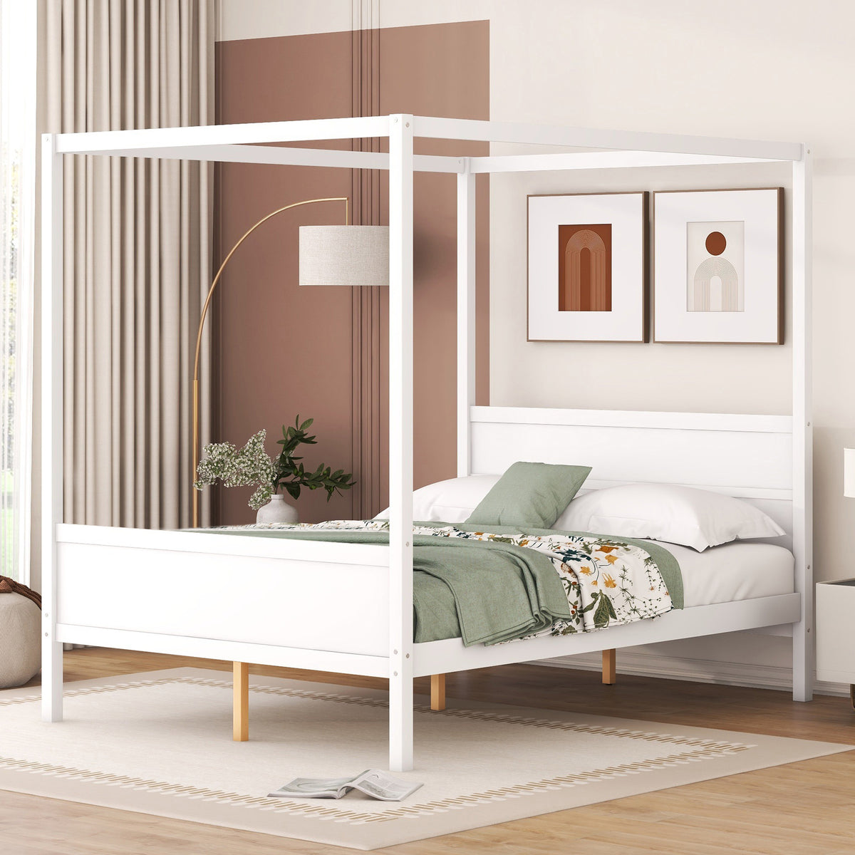 Queen Solid Wood Modern Canopy Platform Bed Frame