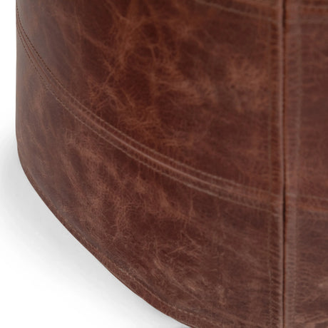 Distressed Brown Genuine Leather Round Pouf Stool - Omega Lifestyles